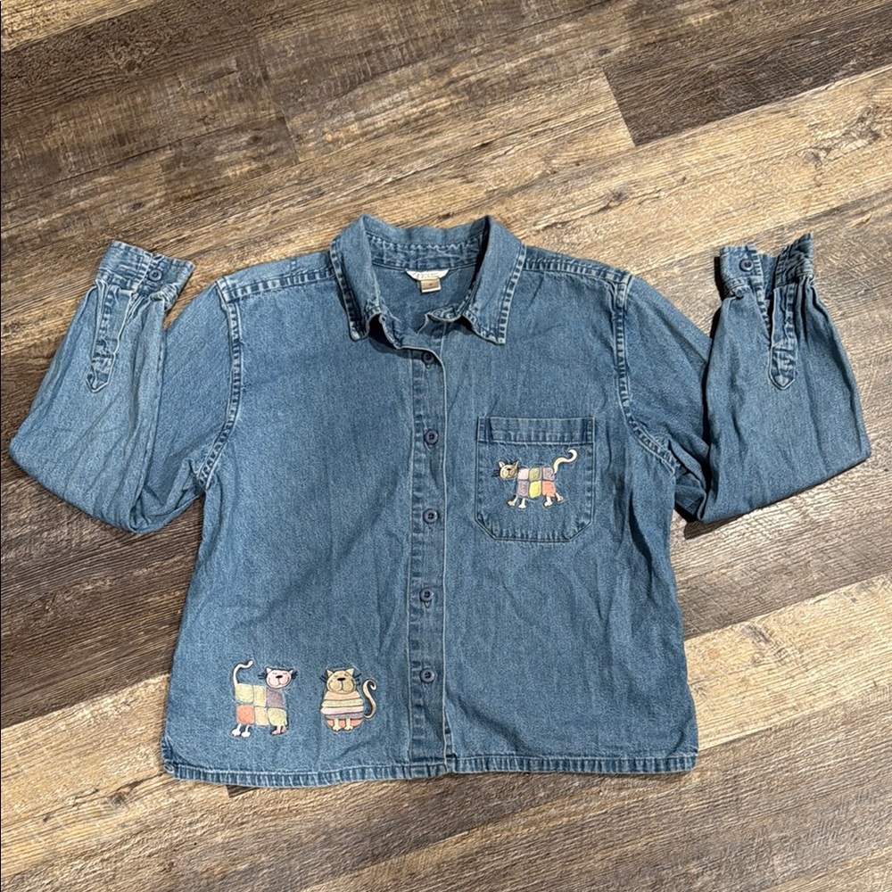 Christopher & Banks Denim Button Down Shirt with Cat Embroidery
